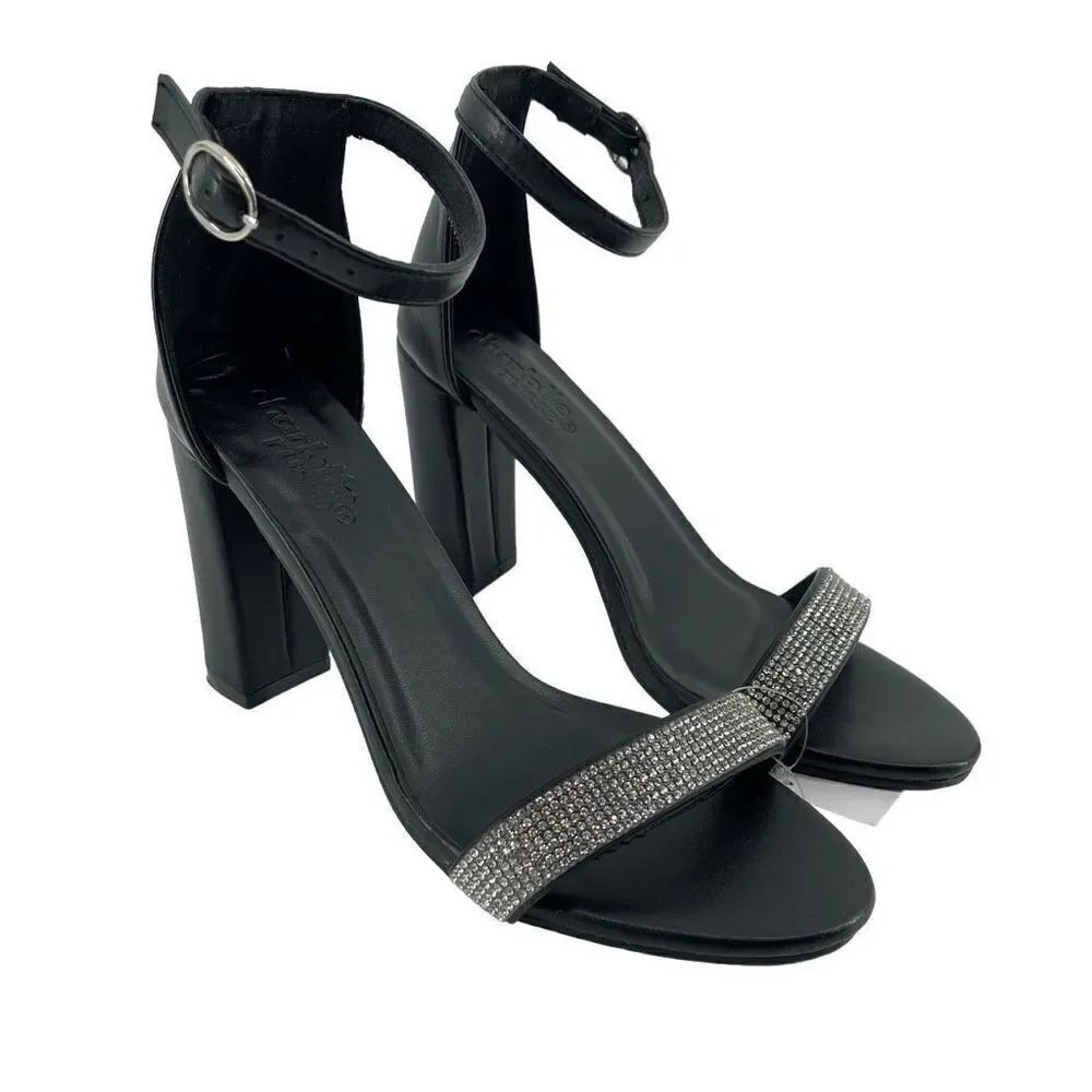 Charlotte Russe Women’s Black Crystal Rhinestone Ankle Strap Block Heels Size 9